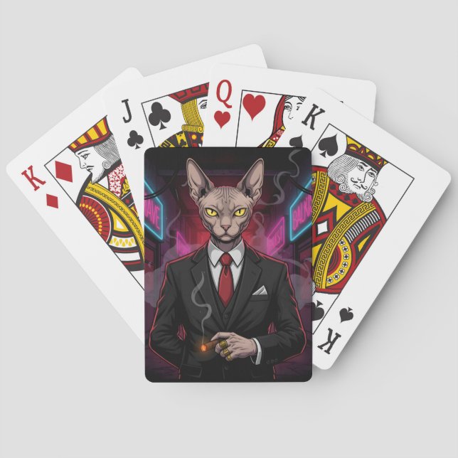Sphynx Mafia Cat in Neon Noir Style Casinokort (Baksidan)