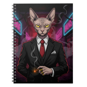 Sphynx Mafia Katt i Neon Noir Stil Anteckningsbok