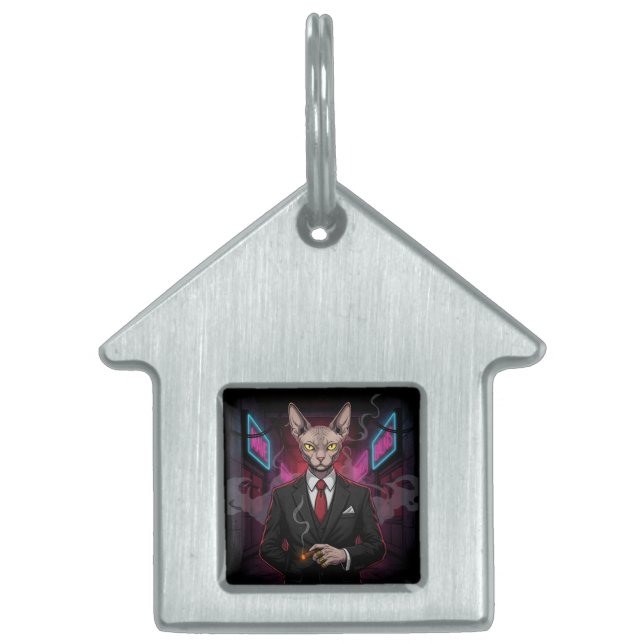Sphynx Mafia Katt i Neon Noir Stil ID-bricka Husdjur (Framsidan)