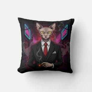 Sphynx Mafia Katt i Neon Noir Stil Kudde