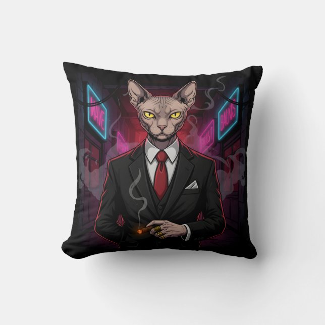 Sphynx Mafia Katt i Neon Noir Stil Kudde (Framsida)