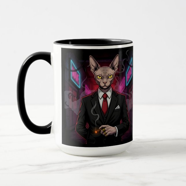 Sphynx Mafia Katt i Neon Noir Stil Mugg (Vänster)