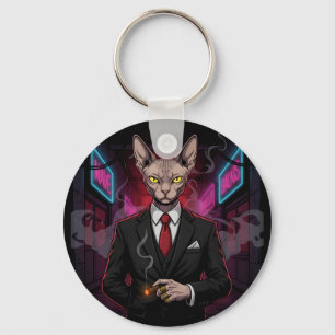 Sphynx Mafia Katt i Neon Noir Stil Nyckelring