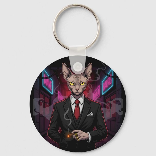 Sphynx Mafia Katt i Neon Noir Stil Nyckelring (Framsida)