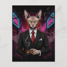Sphynx Mafia Katt i Neon Noir Stil Vykort
