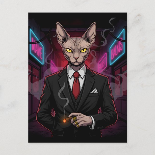 Sphynx Mafia Katt i Neon Noir Stil Vykort (Framsida)