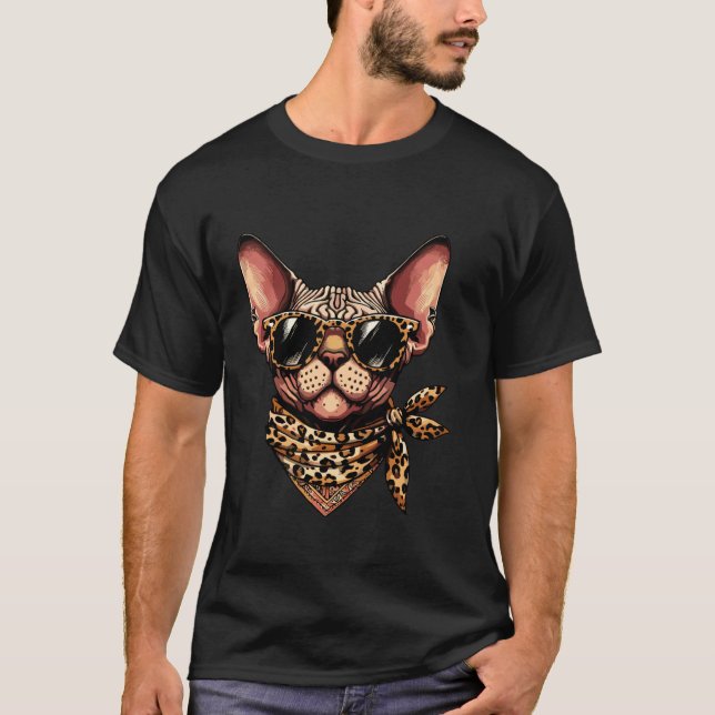 Sphynx med leopard Scarf Animal Wearing Sungla T Shirt (Framsida)