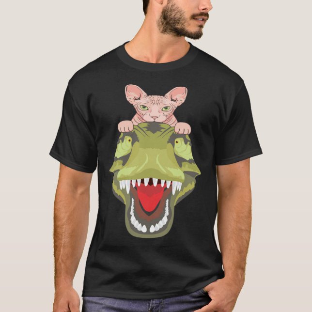 Sphynx Riding A T-Rex Dinosaur Hairless Cat Lover T Shirt (Framsida)