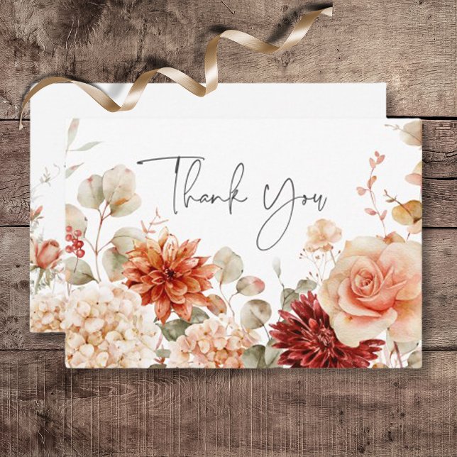 Spicy Fall Rust &  Boho Blommigt Bröllop Tack Kort (Spicy Fall Rust & Blush Boho Floral Wedding Thank You Card)