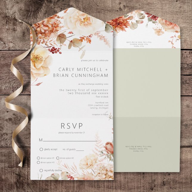 Spicy Fall Rust &  Boho Blommigt Middag (Spicy Fall Rust & Blush Boho Floral All In One Wedding Invitation with Dinner Options)
