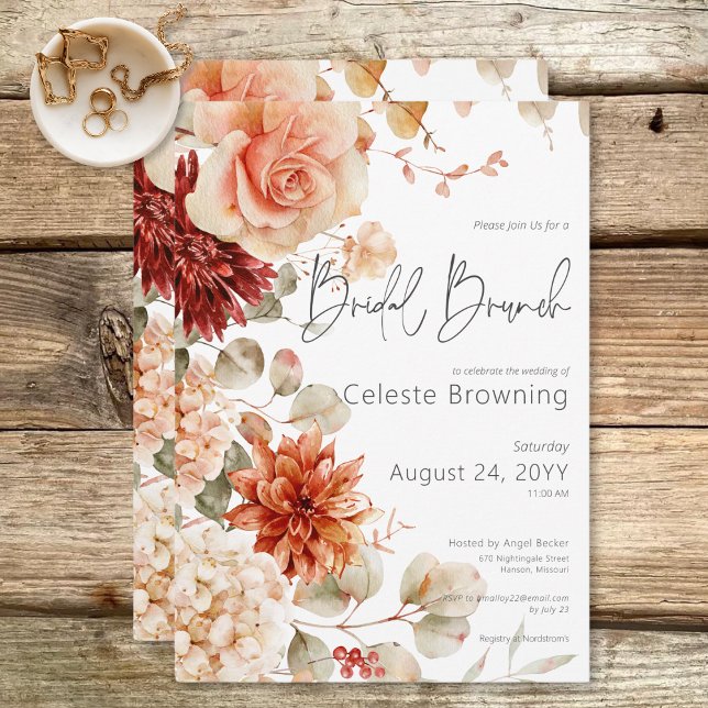 Spicy Fall Rust &  Boho Blommigt Möhippa Brunch Inbjudningar (Spicy Fall Rust & Blush Boho Floral Bridal Brunch Invitation)