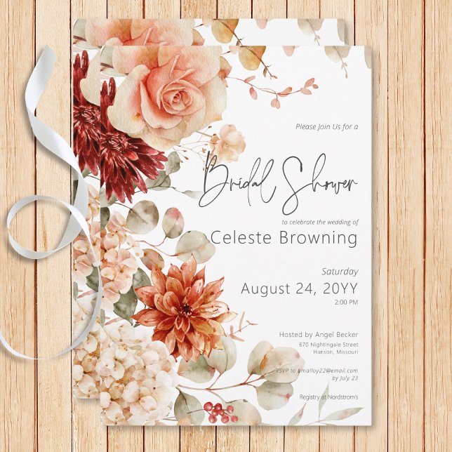 Spicy Fall Rust &  Boho Blommigt Möhippa Inbjudningar (Spicy Fall Rust & Blush Boho Floral Bridal Shower Invitation)
