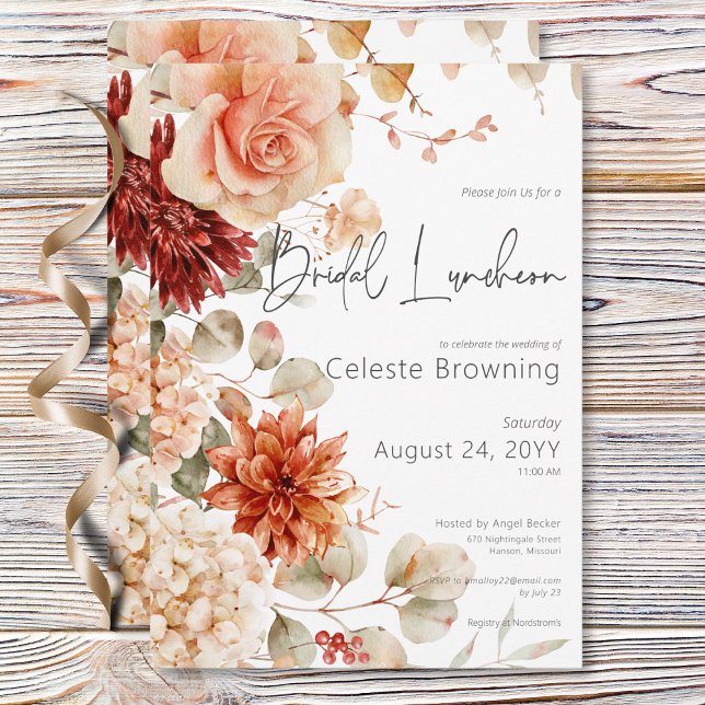 Spicy Fall Rust &  Boho Blommigt Möhippa Lunch Inbjudningar (Spicy Fall Rust & Blush Boho Floral Bridal Lunch Invitation)