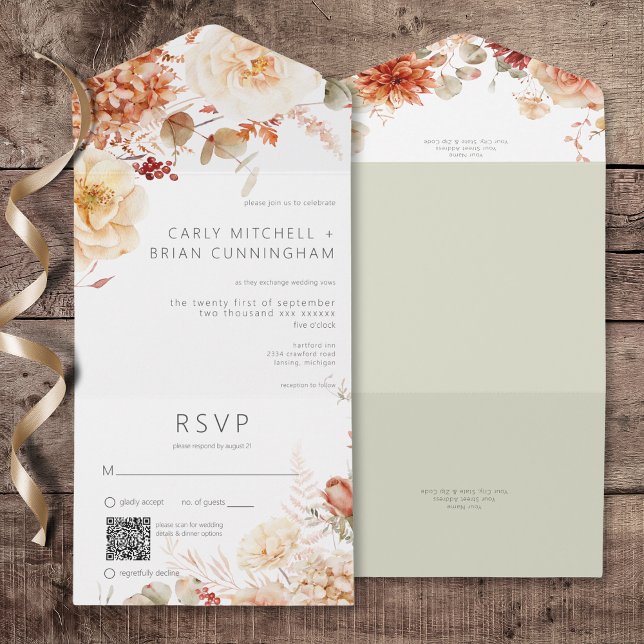 Spicy Fall Rust &  Boho Blommigt QR-kod (Spicy Fall Rust & Blush Boho Floral All In One Wedding Invitation with QR Code)
