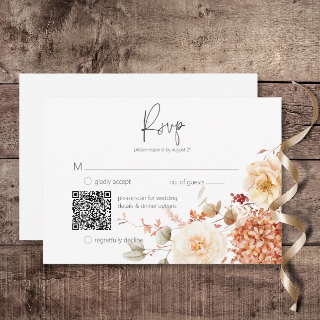 Spicy Fall Rust &  Boho Blommigt QR-kod OSA Kort (Spicy Fall Rust & Blush Boho Floral Wedding Response Card with QR Code)