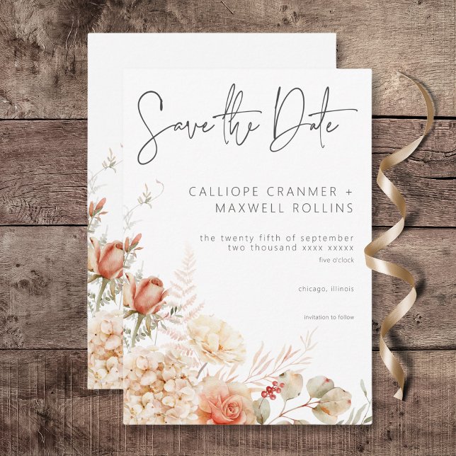 Spicy Fall Rust och  Blommigt Bröllop Spara Datumet (Spicy Fall Rust & Blush Boho Floral Wedding Save the Date Card)