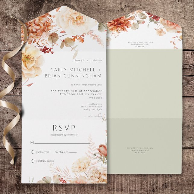 Spicy Fall Rust och  Boho-Blommigt nr middag (Spicy Fall Rust & Blush Boho Floral All In One Wedding Invitation without Dinner Options)