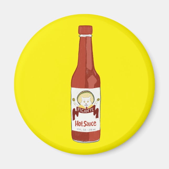 Spicy Hett Sauce Cat Sombrero Roligt på Gult Magnet (Framsidan)