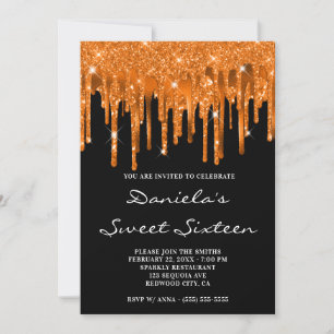 Spicy Orange Glitter Foil Drips Black Sweet 16 Inbjudningar