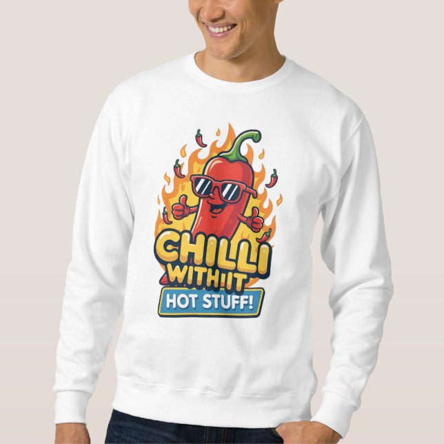 Spicy Pepper Tee – “Chilli With It” Cartoon Design Lång Ärmad Tröja (Framsida)