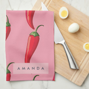 Spicy Red Chili Pepper Mönster på Rosa Background Kökshandduk