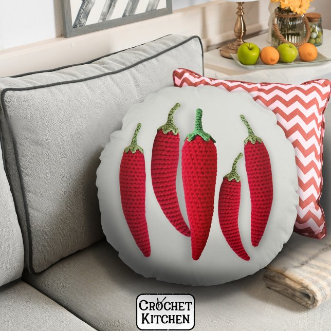 Spicy Red Minimal Crochet Jalapeno Sticka Crafts Rund Kudde (Skapare uppladdad)