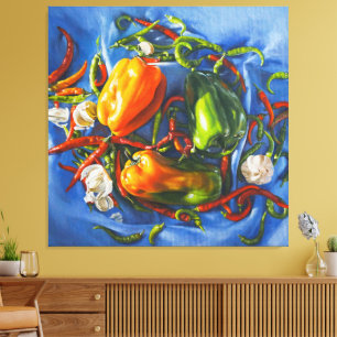 Spicy still Life with Peppers and Vitlic Canvastryck