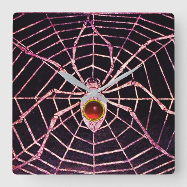 SPIDER AND WEBBEN Red Ruby Gemstone Black Fyrkantig Klocka (Framsida)