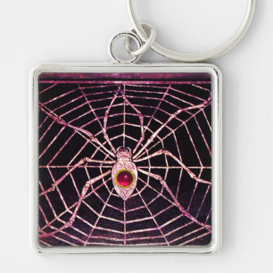 SPIDER AND WEBBEN Rosa Fuchsia Ruby Black Fyrkantig Silverfärgad Nyckelring