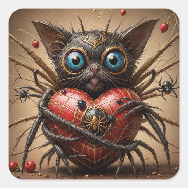 Spider Cat Fantasy Fyrkantigt Klistermärke (Framsida)