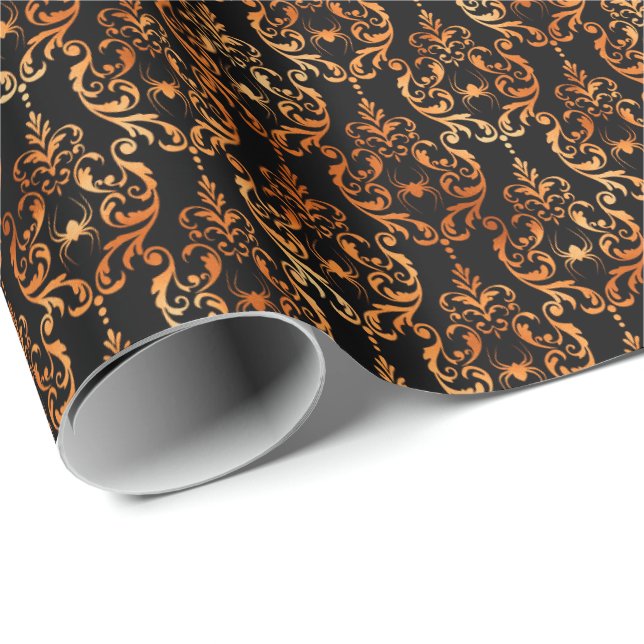 Spider Damask Copper Black Halloween Mönster Presentpapper (Rullad Hörn)