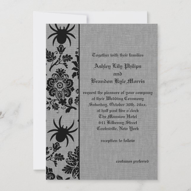 Spider Damask på Grått Linen Wedding-inbjudan Inbjudningar (Framsida)