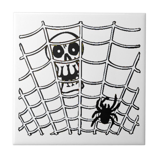 Spider i Webben med Skull Halloween Tile Kakelplatta (Framsidan)