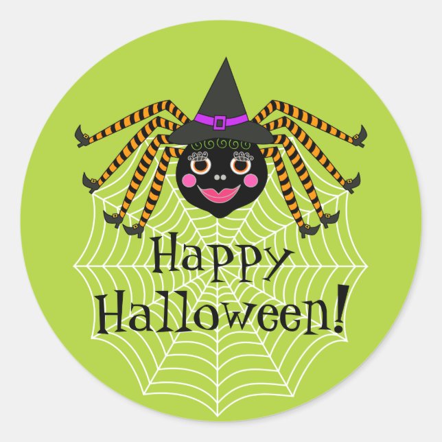 Spider Witch Happy halloween Runt Klistermärke (Framsida)