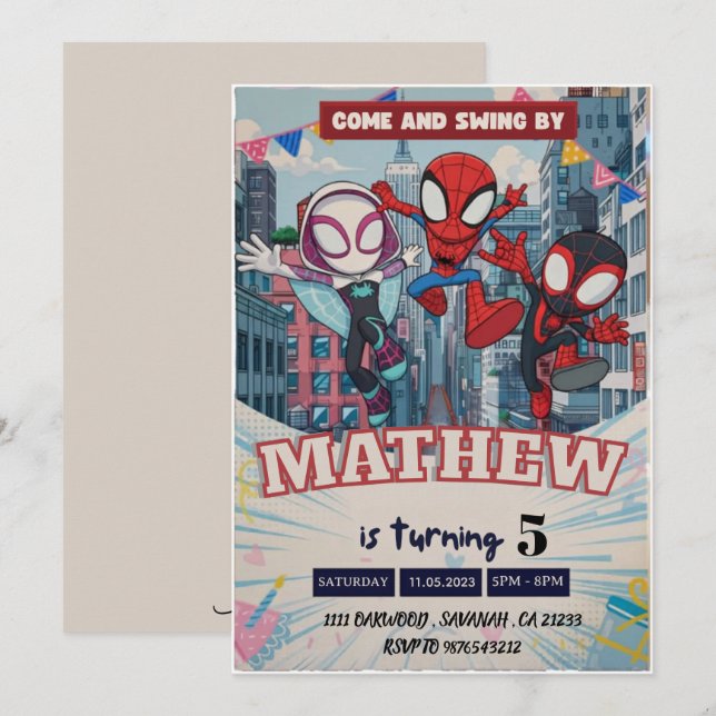 Spiderman-tema Födelsedags Superhjälte Spindel Fes Inbjudningar (Fram/baksida)