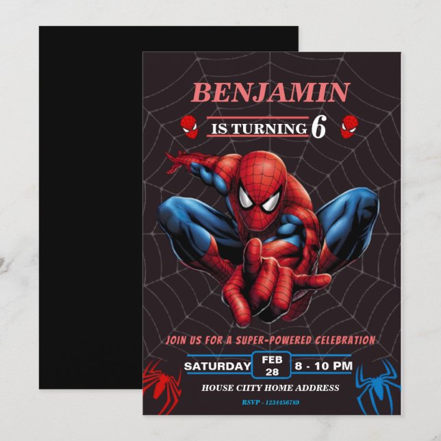 Spiderman Tema Födelsedags Superhjälte Spindel Fes Inbjudningar (Fram/baksida)