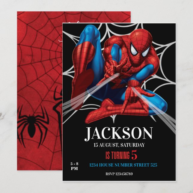 Spiderman-tema Födelsedags Superhjälte Spindel Fes Inbjudningar (Fram/baksida)