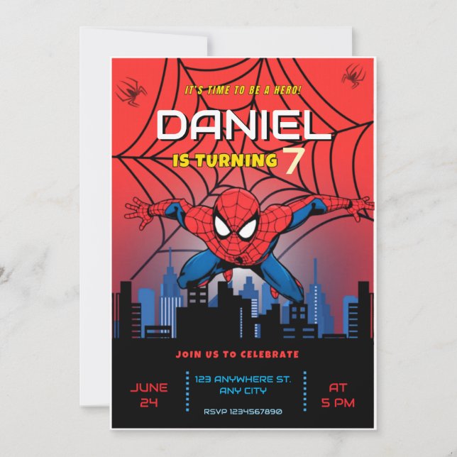 Spiderman Tema Födelsedags Superhjälte Spindel Fes Inbjudningar (Framsida)
