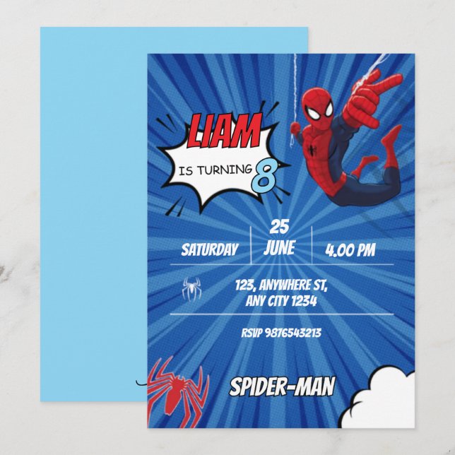 Spiderman tema födelsedagsfest Superhjälte Spindel Inbjudningar (Fram/baksida)