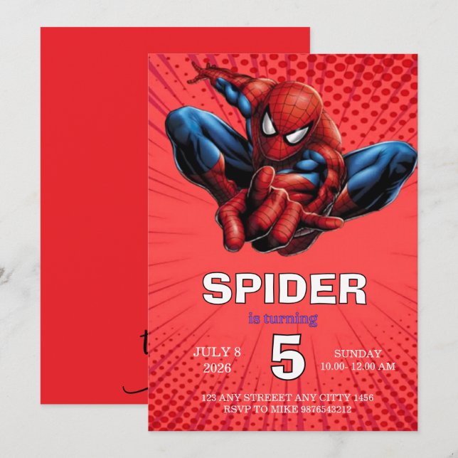 Spiderman Tematisk Födelsedags Superhjälte Spindel Inbjudningar (Fram/baksida)
