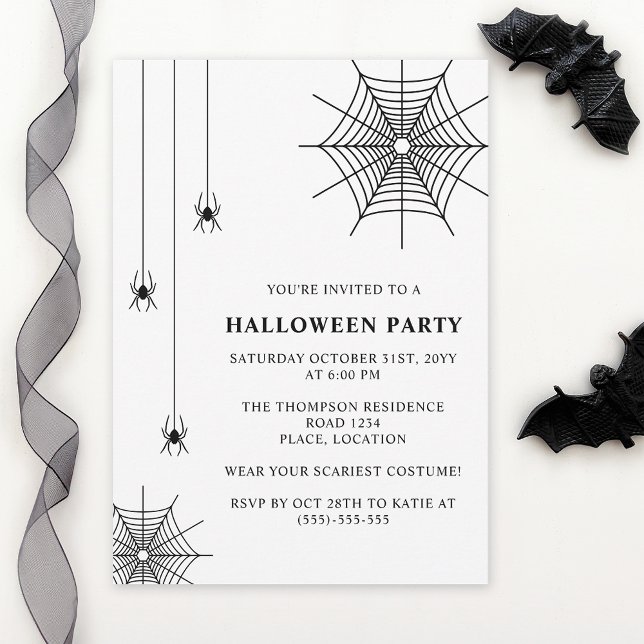 Spiders and Spindelnät Simple Black White Hallowee Inbjudningar (Minimalist design for Halloween. Personalize with custom text and colors.)