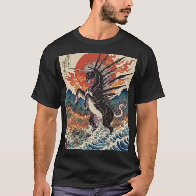 Spiked Sky Horse in Fiery Seas T Shirt (Framsida)