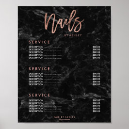 Spiklistor prislista för roséguld på svart marmor poster