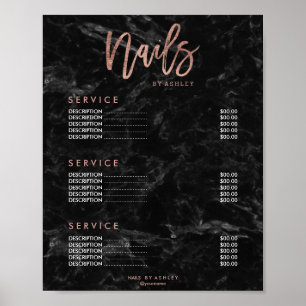 Spiklistor prislista för roséguld på svart marmor poster