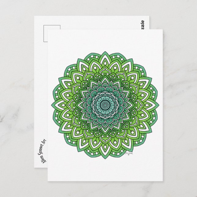 Spiky Grönt Flower Mandala Vykort (Fram/baksida)