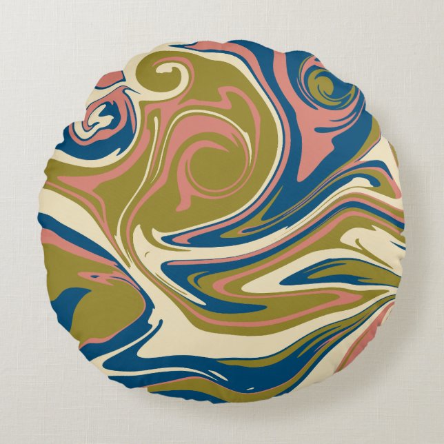 Spill - Blå, Oliv grönt, Rosa och grädde Rund Kudde (Framsidan)