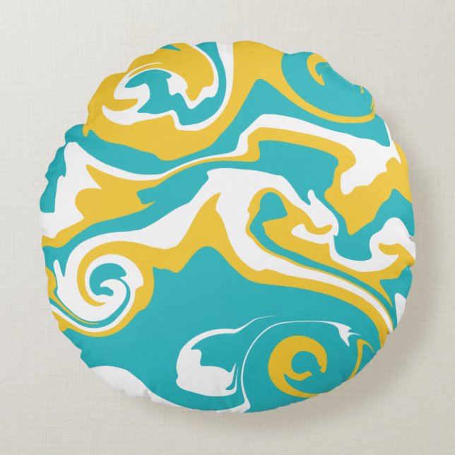 Spill - Turkos och Gult Rund Kudde (Framsidan)