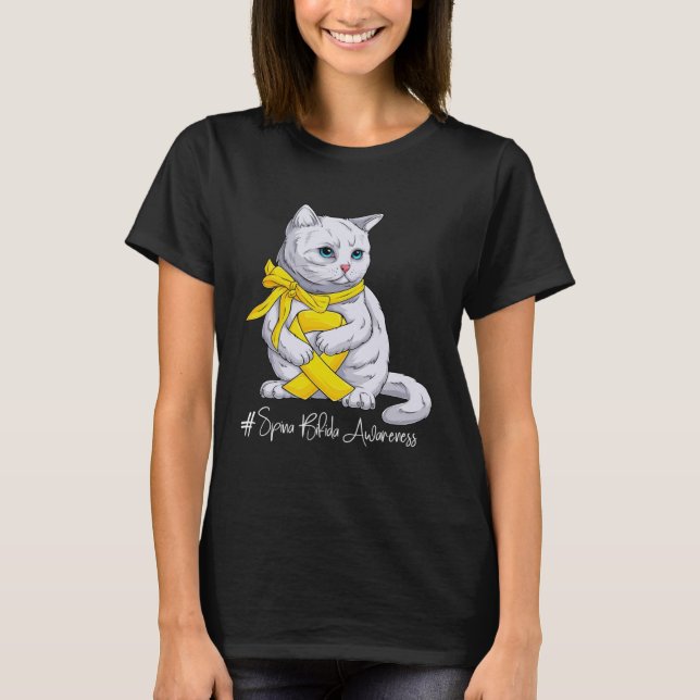 Spina Bifida Awareness Month Gult Ribbon Cat T Shirt (Framsida)