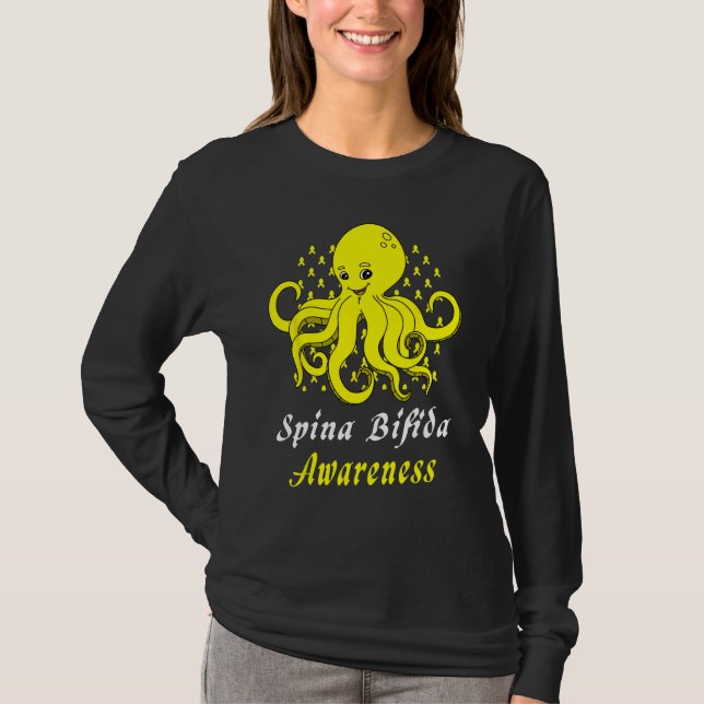 Spina Bifida Awareness  Octopus Yellow Support T Shirt (Framsida)