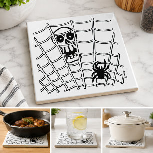 Spindel i nät med dödskalle Halloween-platta Kakelplatta